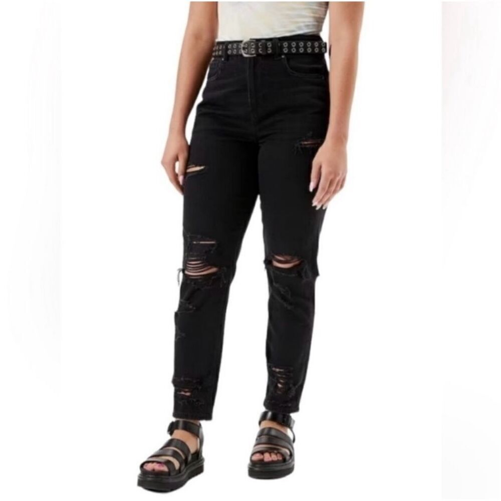 American Eagle Mom Jean Black Denim High Rise Distressed Ripped Women’s 6 Grunge